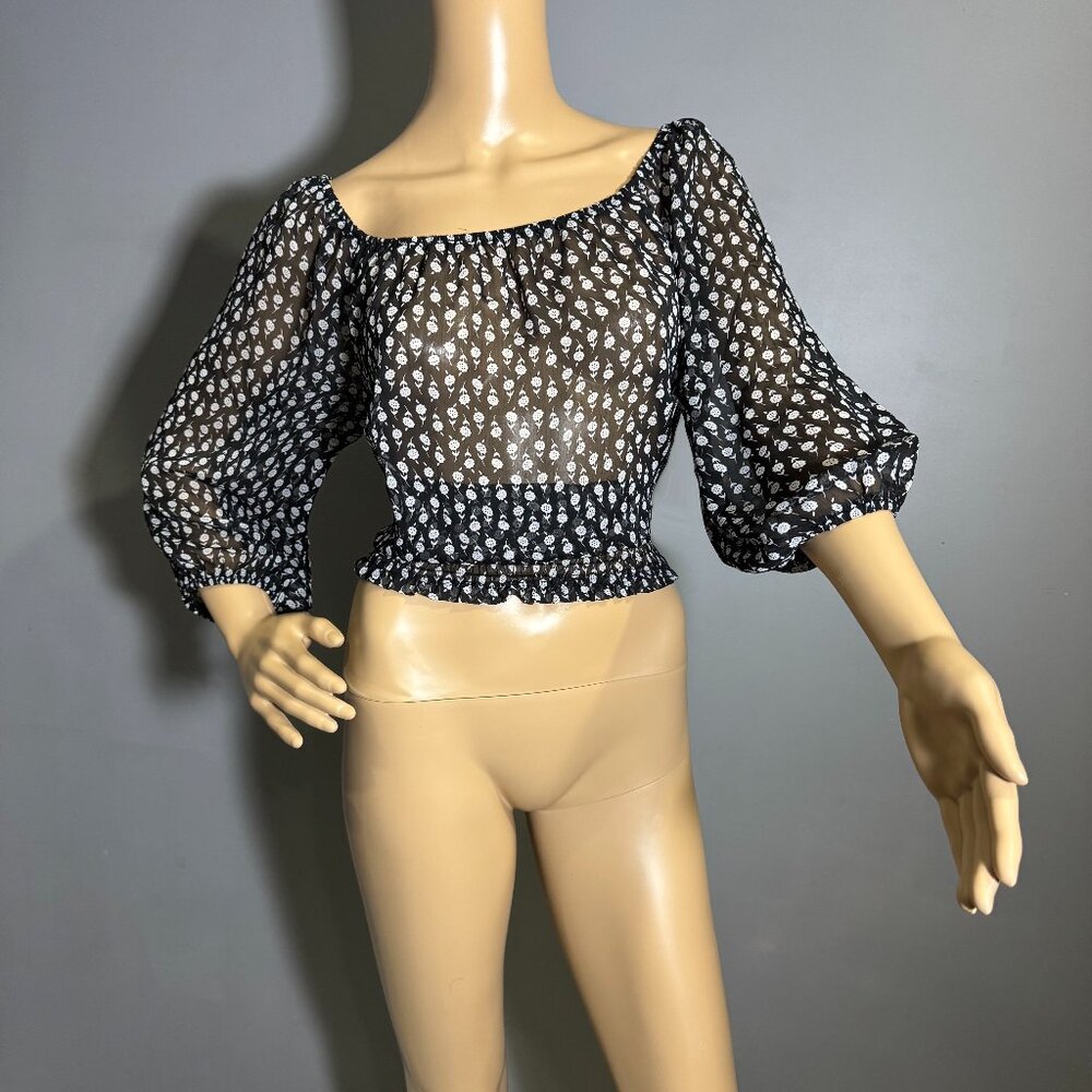 Sheer Boho Blouse 🖤 off-shoulder smocked hem top